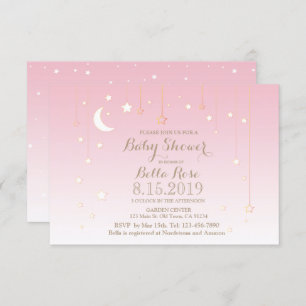 Pink stars moon girl baby shower invitations