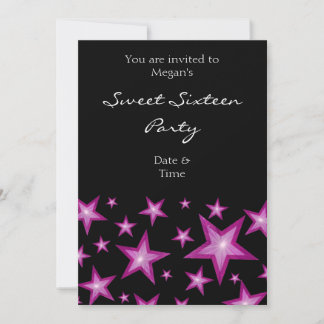 Pink Stars Sweet Sixteen vertical black Invitation