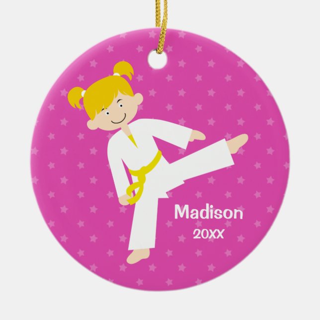 Pink Stars Taekwondo Blonde Girl Personalised Ceramic Tree Decoration (Front)