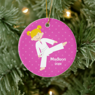 Pink Stars Taekwondo Blonde Girl Personalised Ceramic Tree Decoration