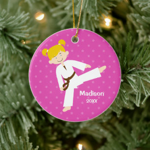 Pink Stars Taekwondo Blonde Girl Personalised Ceramic Tree Decoration