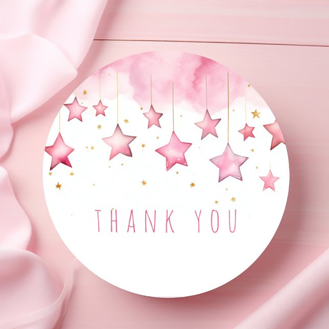 Pink stars thank you sticker (Pink stars thank you fun sticker. Stars hanging from light pink dreamy fluffy clouds.)