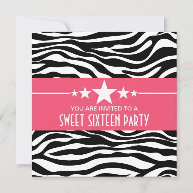 Pink Stars Zebra Print Sweet 16 Invite (Front)