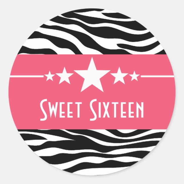 Pink Stars Zebra Print Sweet 16 Stickers (Front)