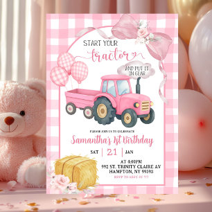 Pink Start Your Tractor Farm Theme Girl Birthday Invitation