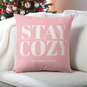 Pink Stay Cosy Festive Typography White Christmas Cushion