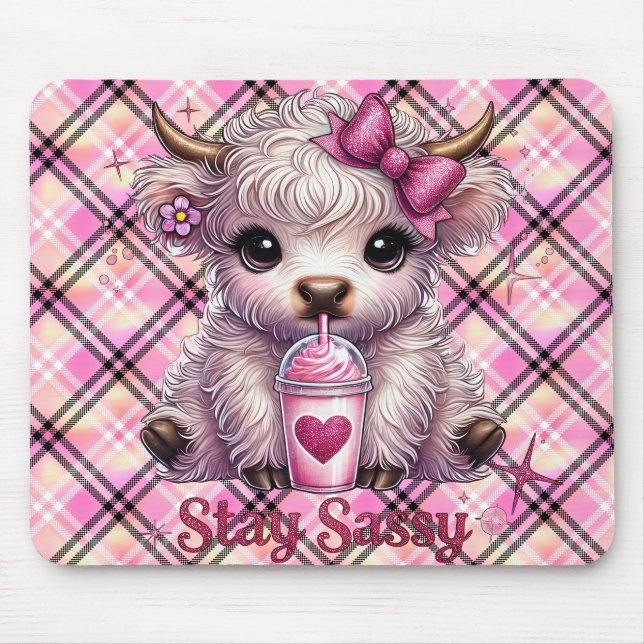 Pink, Stay Sassy, Highland Cows Mouse Pad (Front)