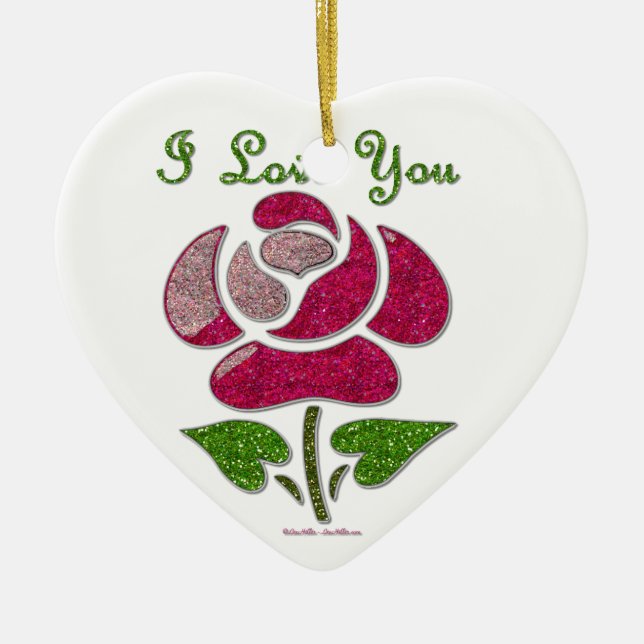 Pink Stencil Rose I Love You Ceramic Tree Decoration (Front)