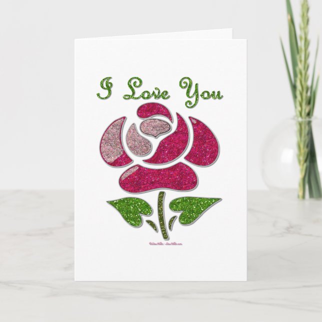 Pink Stencil Rose I Love You Holiday Card (Front)