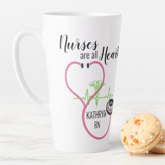 Pink Stethoscope EKG Nurses Are All Heart Name Latte Mug