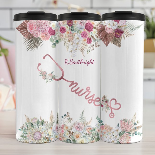 Pink Stethoscope Floral Nurse Tribute Thermal Tumbler (Creator Uploaded)