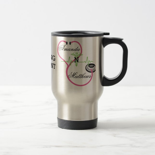 Pink Stethoscope Nursing Student Caduceus Name Travel Mug (Right)