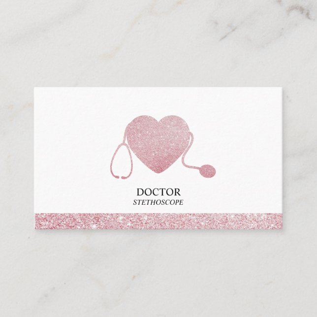 Pink Stethoscope Sparkling Heart Doctor Business Card (Front)
