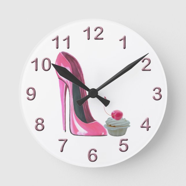 Pink Stiletto and Cherry Cupcake Art Wall Clock (Front)