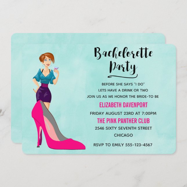 Pink Stiletto and Party Girl Bachelorette Invite (Front/Back)