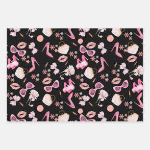 Pink stiletto Lipstick Bag Glasses Divorce Party Wrapping Paper Sheet