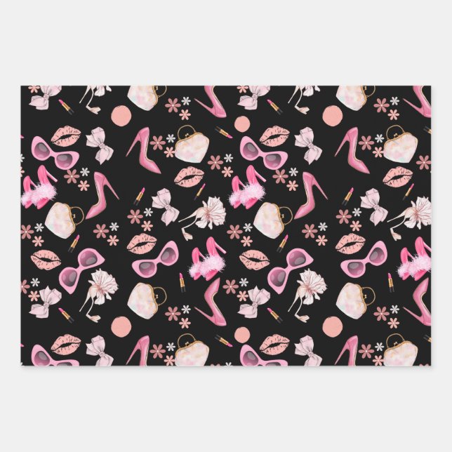 Pink stiletto Lipstick Bag Glasses Divorce Party Wrapping Paper Sheet (Front)