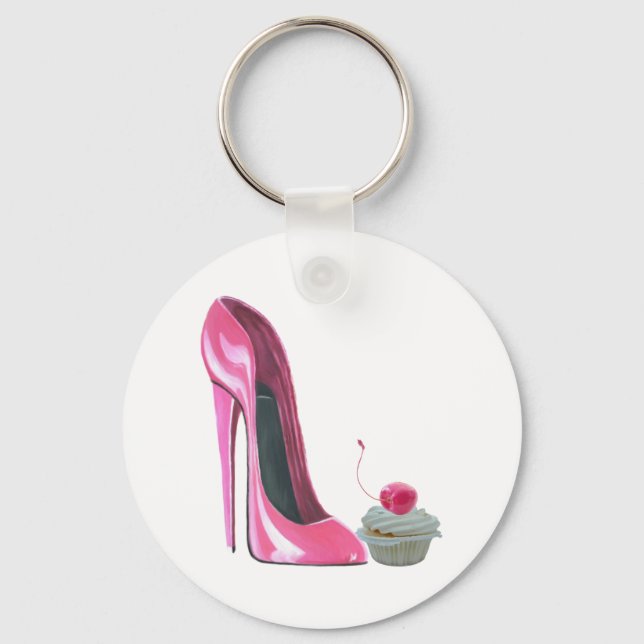 Pink Stiletto Shoe and Cupcake Key Ring (Front)