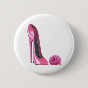 Pink Stiletto Shoe and Pink Rose Art 6 Cm Round Badge