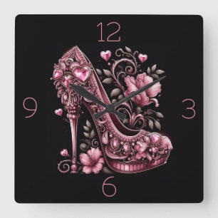 Pink Stilettos with Hearts and Flowers Square Wall Clock