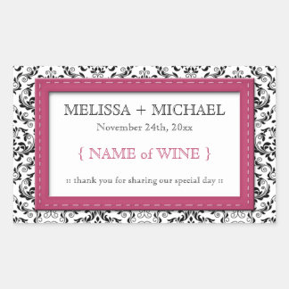 Pink Stitched Damask horizontal Wedding Wine Label