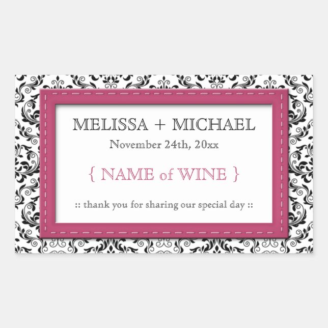 Pink Stitched Damask horizontal Wedding Wine Label (Front)
