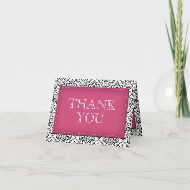 Pink Stitched Damask Thank You Note Cards (Front)