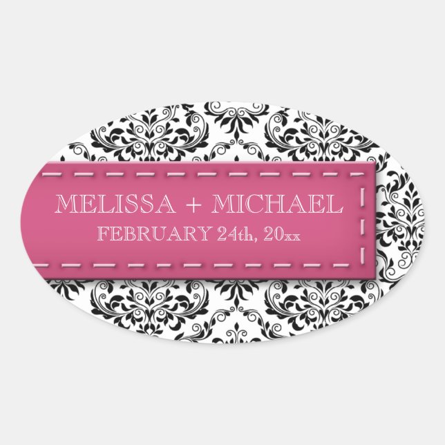 Pink Stitched Damask Wedding Large Favour Stickers (Front)