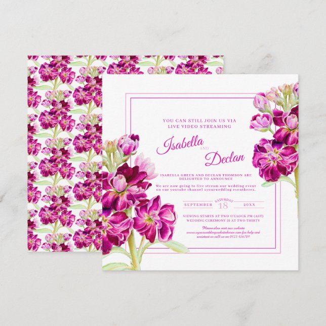 Pink stock flower watercolor live stream wedding invitation (Front/Back)