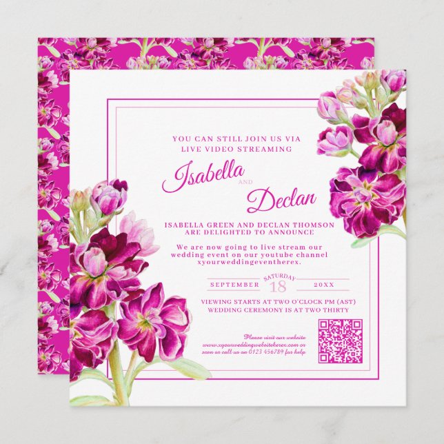 Pink stock flower watercolor live stream wedding invitation (Front/Back)