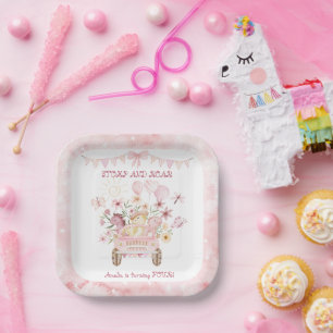 Pink Stomp and Roar Fourth Dinosaur Birthday Paper Plate