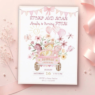 Pink Stomp and Roar Fourth Dinosaur Birthday  Postcard