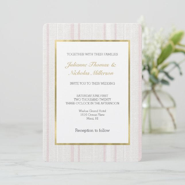Pink Stone White Stripes Wedding Invitation (Standing Front)