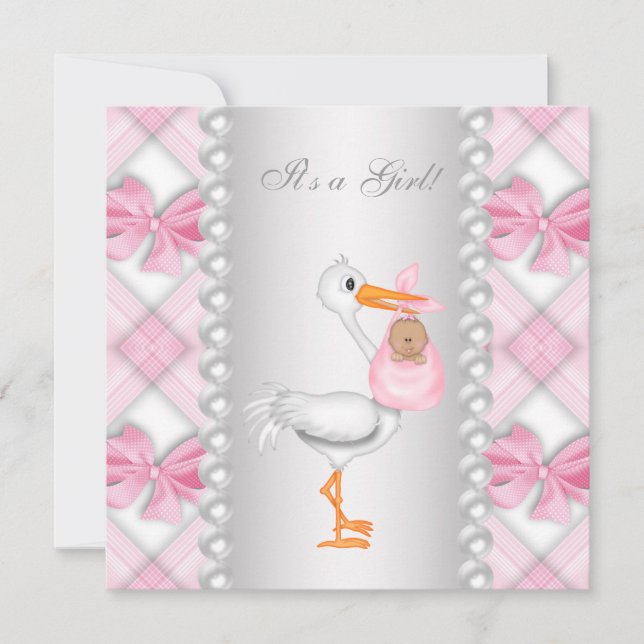 Pink Stork African American Baby Girl Shower Invitation (Front)