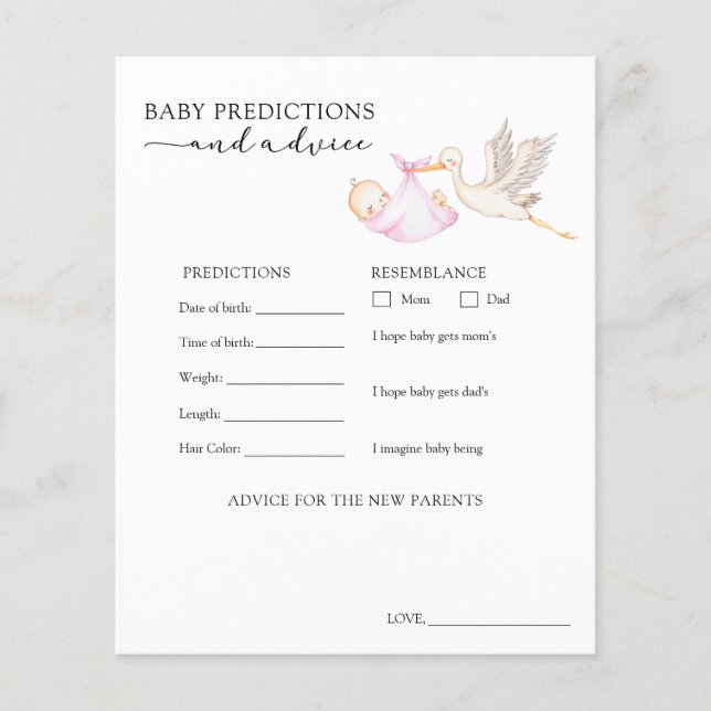 Pink Stork Baby Advice and Predictions Card (Front)