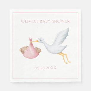 Pink Stork Baby Bear Girl Baby Shower Napkin
