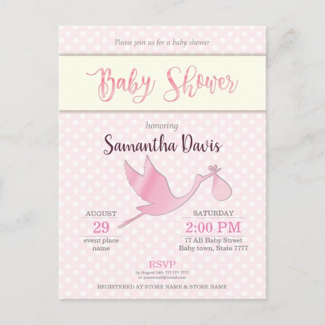 Pink Stork Baby Girl Baby Shower Invitation Postcard (Front)