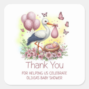 Pink Stork Baby Girl Baby Shower Thank You Square Sticker