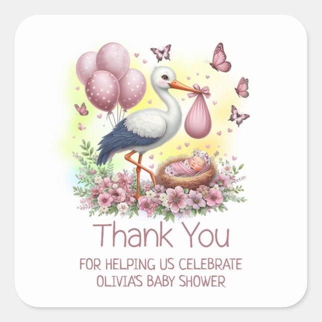 Pink Stork Baby Girl Baby Shower Thank You Square Sticker (Front)
