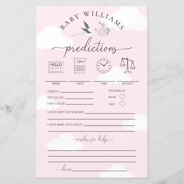 Pink Stork Baby Predictions Game (Front)