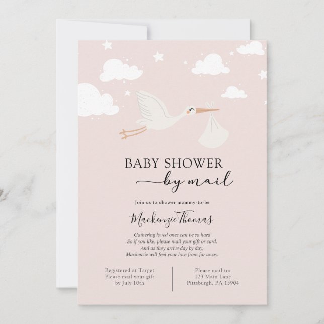 Pink Stork Baby Shower by Mail Invitation (Front)