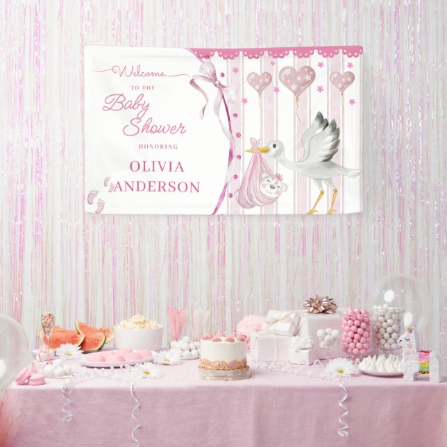Pink Stork Baby Shower Cute Custom Banner (Party)