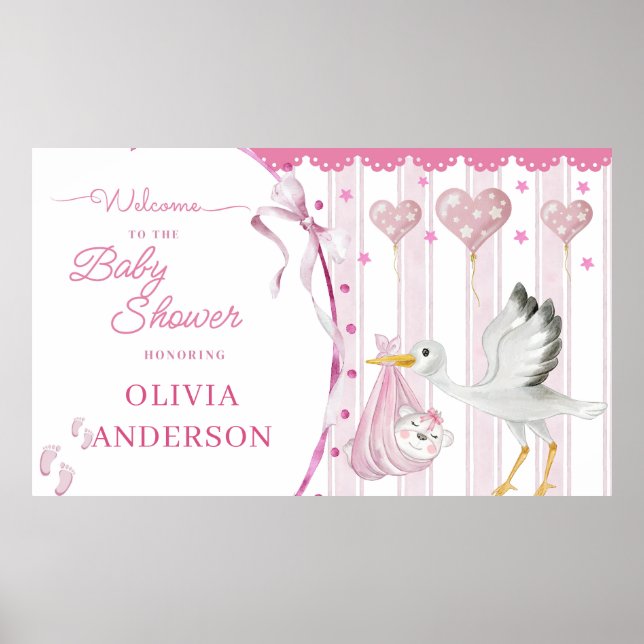 Pink Stork Baby Shower Cute Custom Poster (Front)