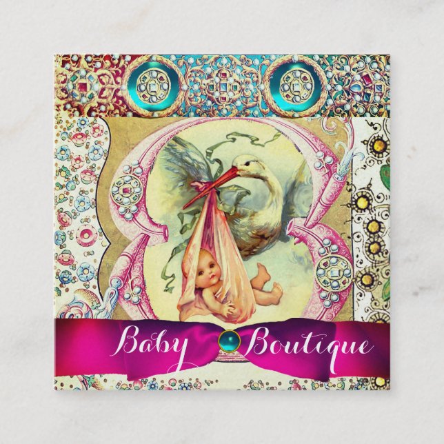 PINK STORK BABY SHOWER,GEMSTONES, FLORAL SWIRLS SQUARE BUSINESS CARD (Front)
