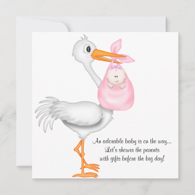 Pink Stork Baby Shower Invitation Baby Girl (Front)