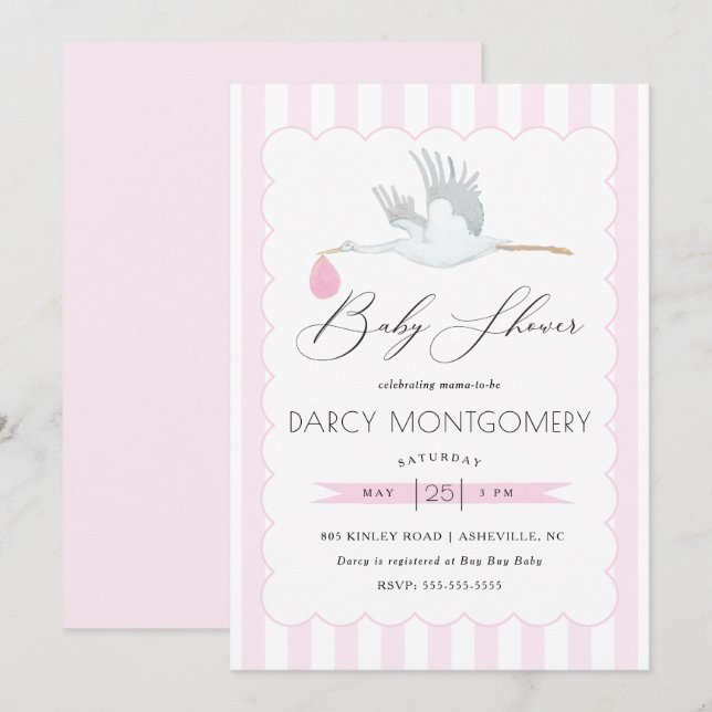 Pink Stork Baby Shower Invitation for Baby Girl (Front/Back)