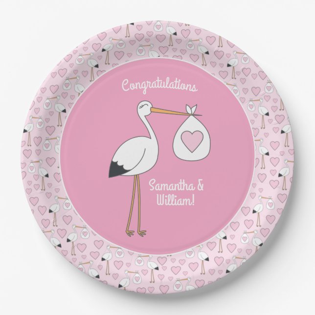 Pink Stork Baby Shower Paper Plate (Front)