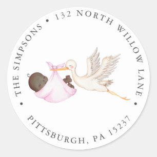 Pink Stork Baby Shower Return address Classic Roun Round Sticker