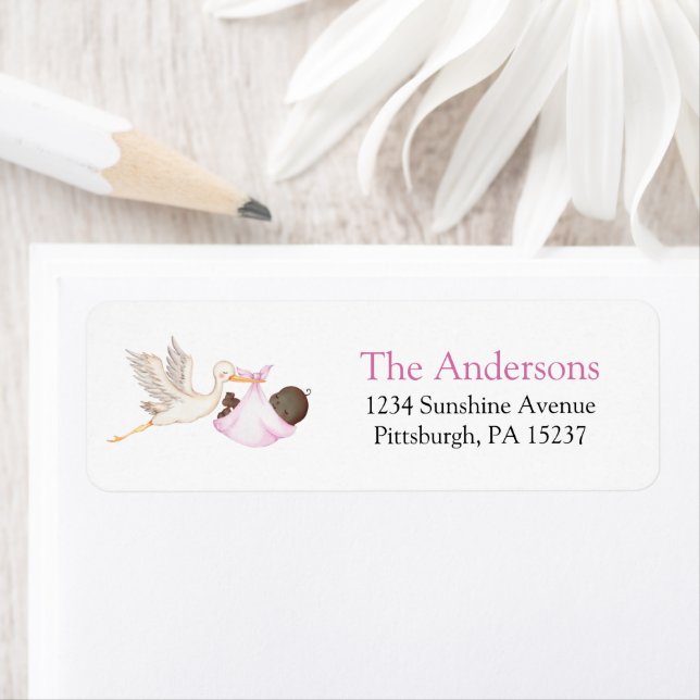 Pink Stork Baby Shower Return Address Label (Insitu)