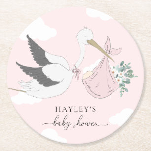 Pink Stork Baby Shower Round Paper Coaster